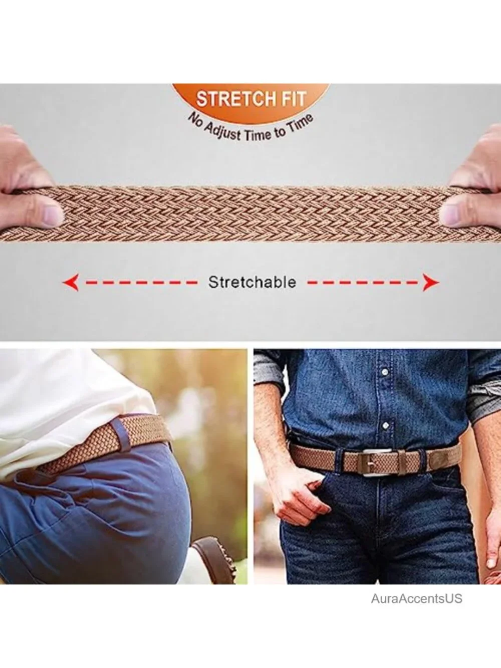 Men's Stretch Woven Belt, Lightweight Nylon Golf Belt, Holeless